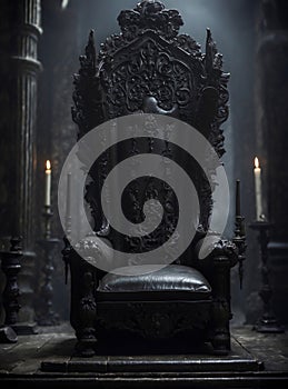 Dark and atmospheric, an empty Gothic throne sits in a grand castle hall. Perfect for conveying a sense of mystery, power, or