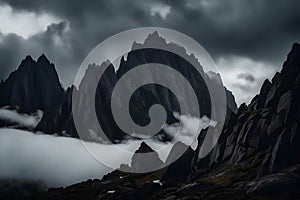 Dark atmospheric surreal landscape with dark rocky mountain top in low clouds in gray cloudy sky.