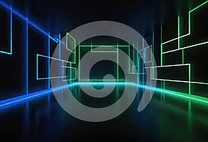 Dark background, abstract geometric blocks with neon light, 3D rendering, abstract background