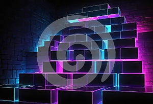 Dark background, abstract geometric blocks with neon light, 3D rendering, abstract background