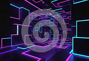 Dark background, abstract geometric blocks with neon light, 3D rendering, abstract background