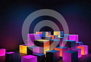 Dark background, abstract geometric blocks with neon light, 3D rendering, abstract background