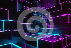 Dark background, abstract geometric blocks with neon light, 3D rendering, abstract background