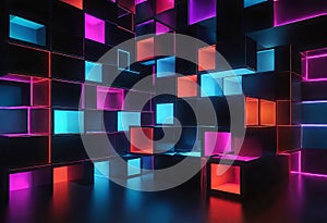 Dark background, abstract geometric blocks with neon light, 3D rendering, abstract background