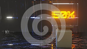 Dark background with a column and luminous figures with a percent sign in a glass showcase. clearance concept. 3d render