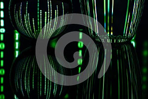 Dark background with computer binary code and a ball. The concept of artificial intelligence. Computer technology