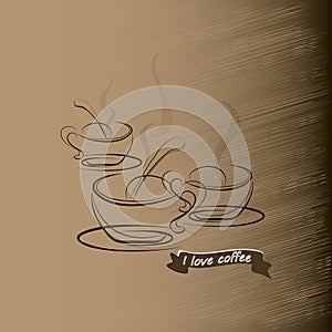 On a dark background a cup of coffee, coffee beans, steam over a cup