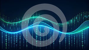 Blue and green digital waves with binary code data