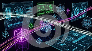 Futuristic Digital Interface with Geometric Shapes and Data Streams technology