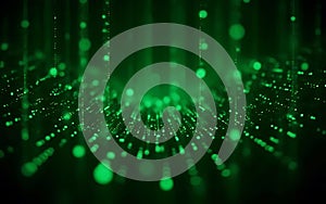 A dark background filled with glowing green binary numbers in a matrix pattern, symbolizing data coding and the digital universe