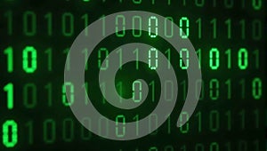 A dark background filled with glowing green binary numbers in a matrix pattern, symbolizing data coding and the digital universe