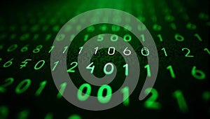 A dark background filled with glowing green binary numbers in a matrix pattern, symbolizing data coding and the digital universe