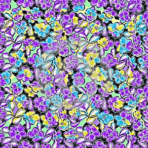 A dark background with flowers drawn in blue and violet with yellow colors