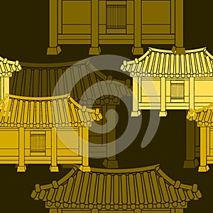 Dark Background Front View Korean House Vector Illustration Seamless Pattern