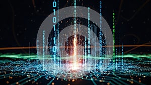 Digital stream of binary code and circuit board patterns with glowing light data stream technology
