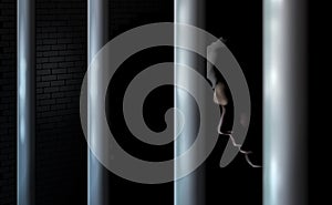 Dark background, prisoner and prison cell. In jail behind bars. Felony or bankrupt. Business criminal in prison. Vector