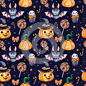 Dark Background with pumpkins, candy,muffin,bat,skull and bow