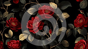 Dark Background Red Roses Gold Leaves Floral Pattern