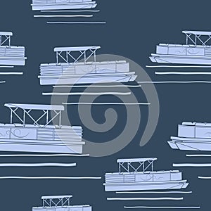Dark Background Semi-Oblique Pontoon Boats Vector Illustration Seamless Pattern