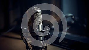 On a dark background, a studio microphone for radio broadcasting or other broadcasts