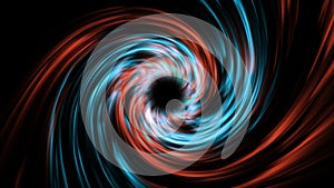 A dark background on which spiral rotations of colored particles form a tunnel. Red and blue particles spin to form a portal
