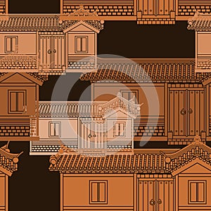 Dark Background Wide Korean Hanok Vector Illustration Seamless Pattern