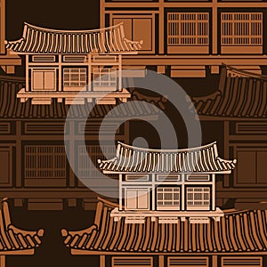 Dark Background Wide Korean House Vector Illustration Seamless Pattern