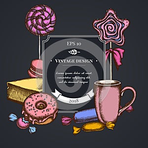 Dark badge design with macaron, lollipop, candies, lollipop, cheesecake, cups, donut