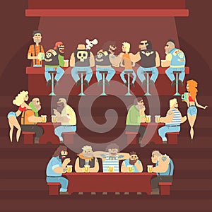 Dark Bar With Criminal Looking Bikers And Sailor Clients And Slutty Waitresses Serving Beers Illustration