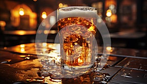 A dark bar, night drinking glass, whiskey pouring, refreshing ice generated by AI