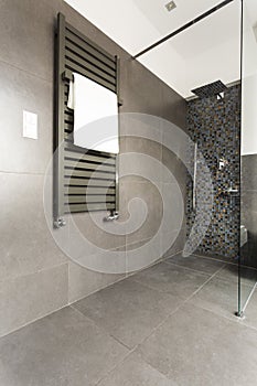 Dark bathroom with glass shower