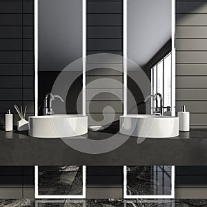 Dark bathroom interior with two sinks, mirror with reflection