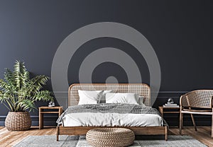 Dark bedroom interior mockup, wooden rattan bed on empty dark wall background photo