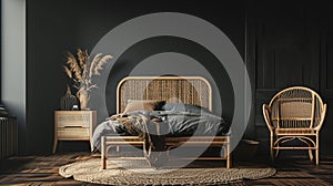 Dark bedroom interior mockup, wooden rattan bed on empty dark wall background. AI Generative