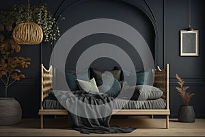 Dark bedroom interior mockup, wooden rattan bed on empty dark wall background, Scandinavian style