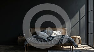 Dark bedroom interior mockup, wooden rattan bed on empty dark wall Scandinavian. AI Generative