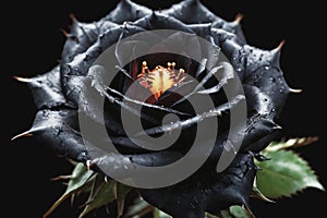 The Dark Belle: A Rain-Kissed Rose with Dramatic Black Petals and a Red Core