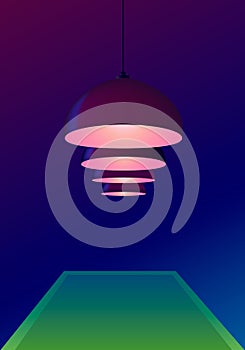 Dark billiard room with a pool table and burgundy pendant ceiling lamps. Dark blue background. Vector illustration. Competition