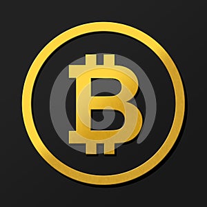 Dark bitcoin 3D coin logo illustration in gold with shadows. Rendering with shading and high closs golden B symbol concept.