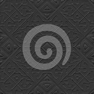 Dark black 3d embossed seamless pattern. Celtic style ornamental textured vector background. Modern repeat surface backdrop.