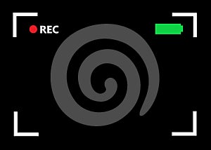 The dark black blank screen of a camera or camcorder in video recording mode showing the record function and battery power level