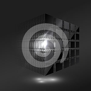 Dark black cube from small pieces. Block chain concept. Big data. Computer data storage. Technology background. photo