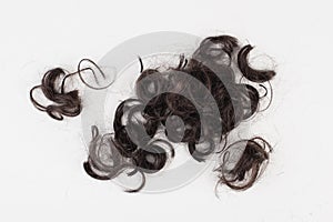 Dark black curly human hair isolated on a light gray background