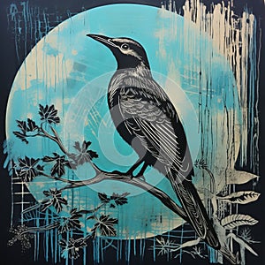 Dark Black And Cyan Bird On Branch Printmaking Art