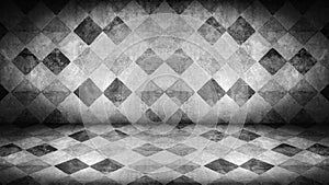 Dark black grey gray anthracite cement concrete checkered vintage tiles wall and floor in used optic, empty 3D studio room ,