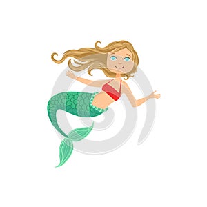 Dark Blond Hair Mermaid In Red Swimsuit Top Bra Fairy-Tale Fantastic Creature Illustration