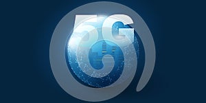 Dark Blue 5G Network Label with a Cityscape Inside of a Globe - Background High Speed Broadband Mobile Telecommunication