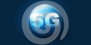 Dark Blue 5G Network Label with Mesh Around Globe - Background, High Speed Broadband Mobile Telecommunication