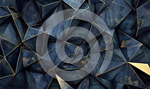 Dark blue abstract polygonal background with golden lines. Geometric abstract background with triangles. 3d rendering