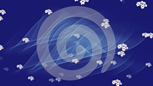 Dark blue animated vfx video background with white wavy curves in tunnel motion, reflection, flying flower particles